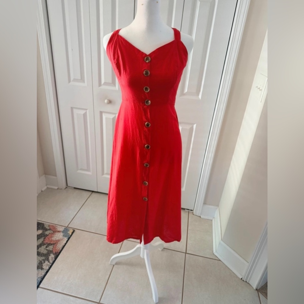Japna Red Button-Front Midi Dress